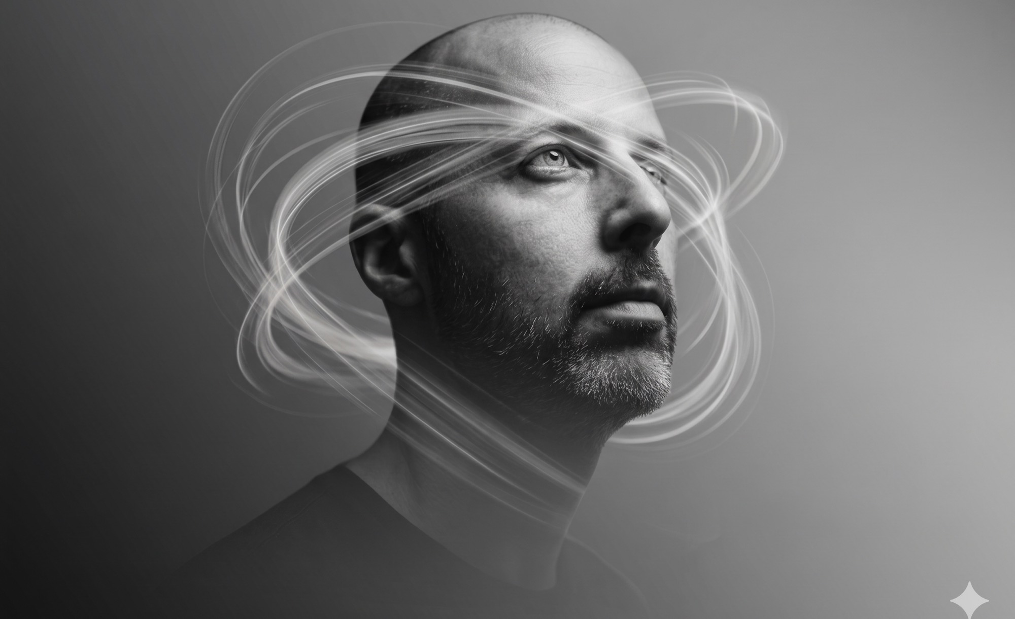 Black-and-white portrait of Carl, light trails circling his head